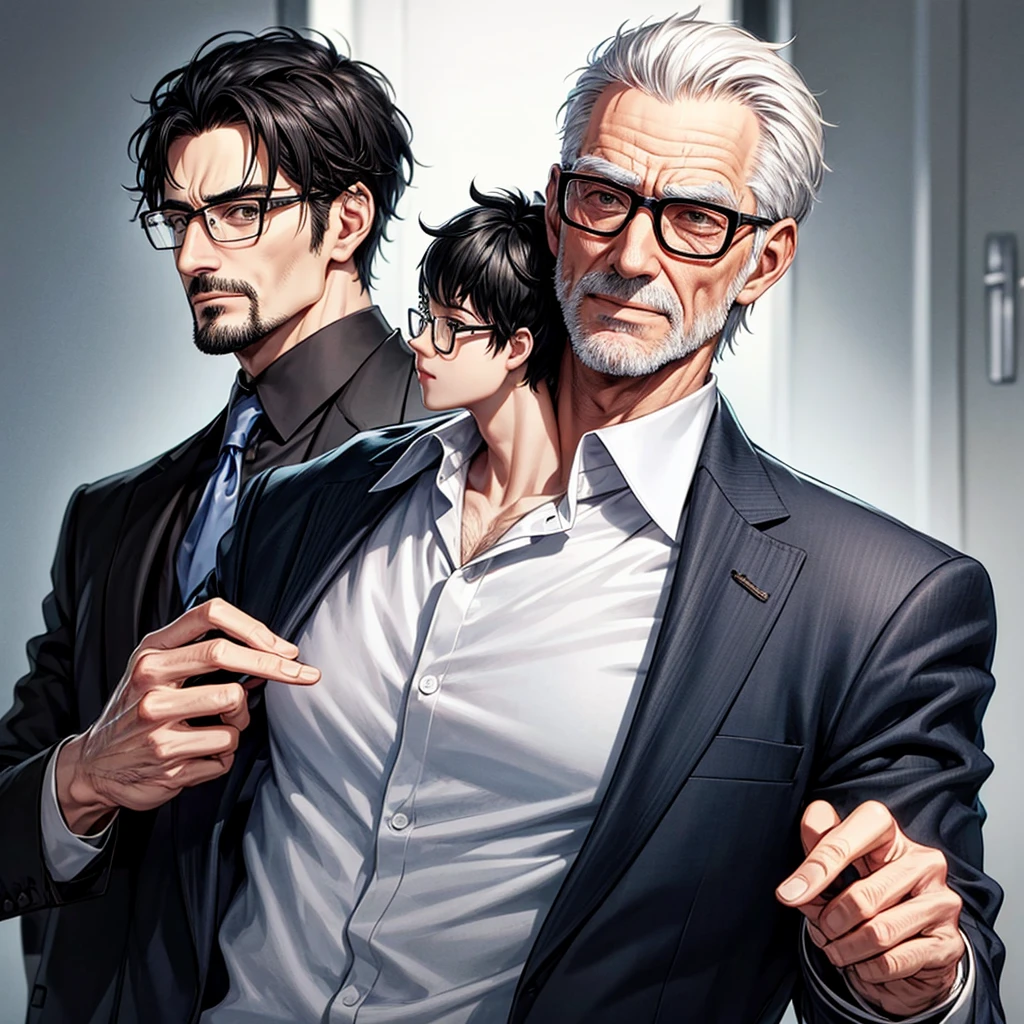 A cool old man with glasses, black hair, and a suit, no beard.。It's better to have a little bangs