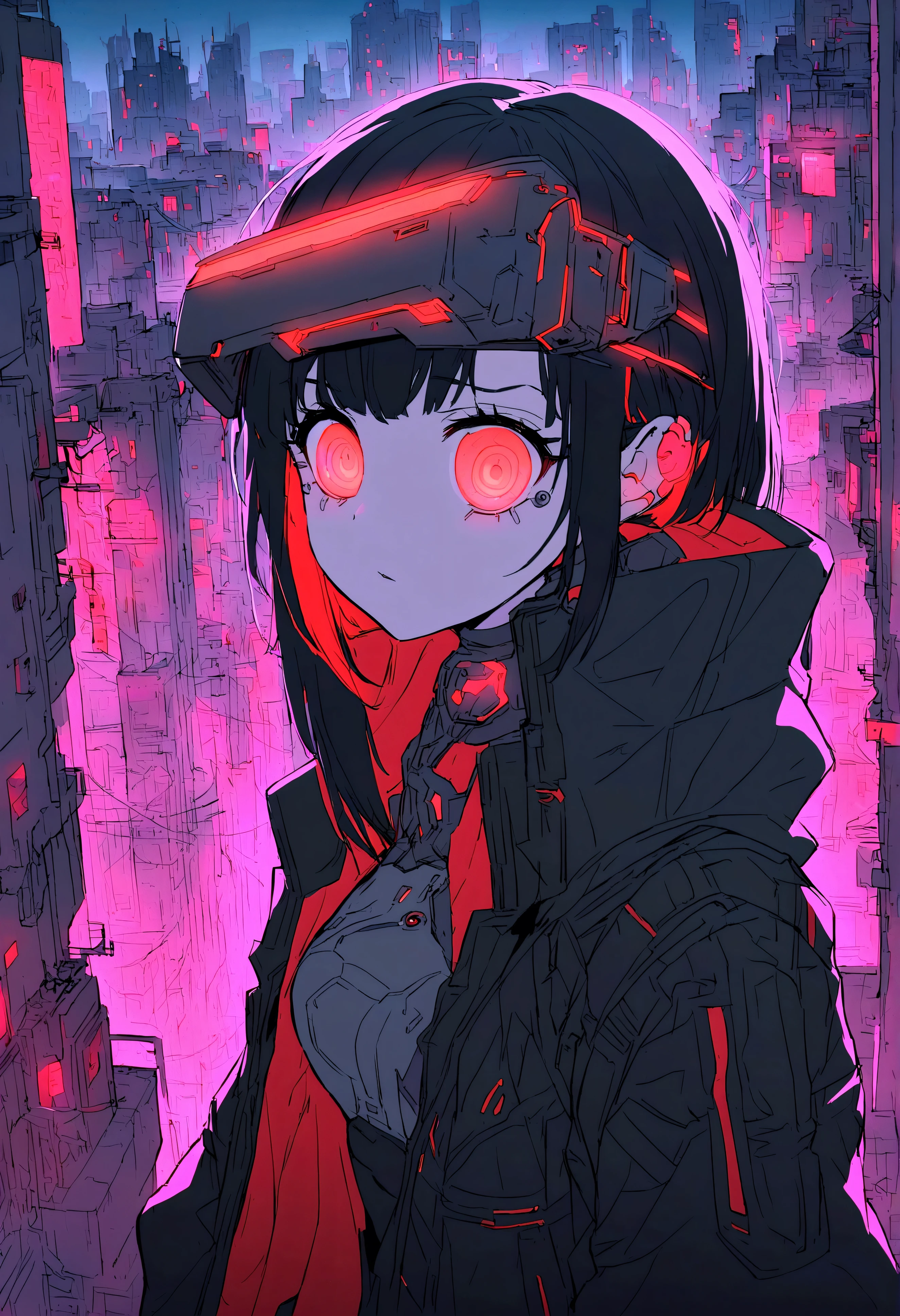 cyberpunk anime girl, black hair with red highlights, big glowing cybernetic eyes, black leagwear, red neons around, futuristic visor, Dystopian city in the background, High-tech aesthetics, advanced technology details