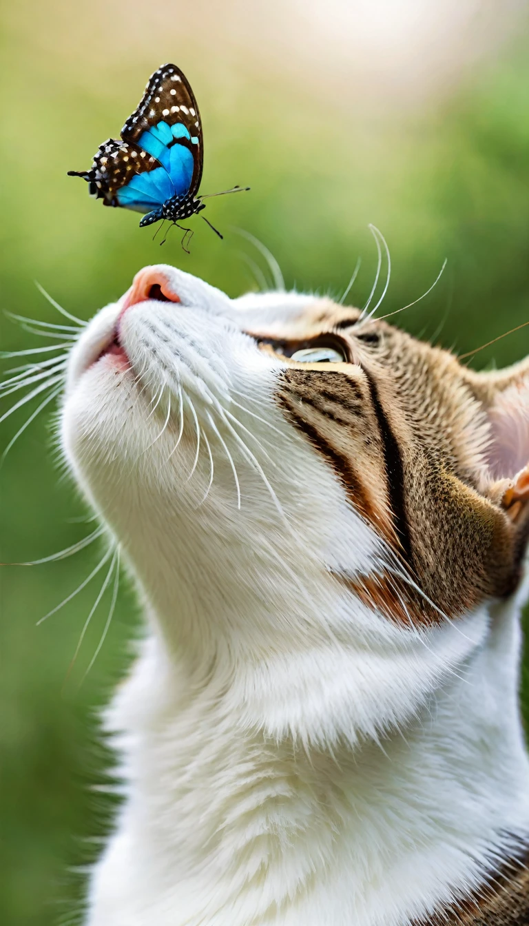 A curious cat gazes upwards, ((with a small beautiful butterfly perched delicately on the tip of its nose. The cat’s surroundings are softly blurred)), allowing the feline and its unexpected visitor to take center stage. The cat’s expression is one of gentle wonder, as it focuses its attention on the butterfly resting upon its nose,((アクアマリンの瞳))