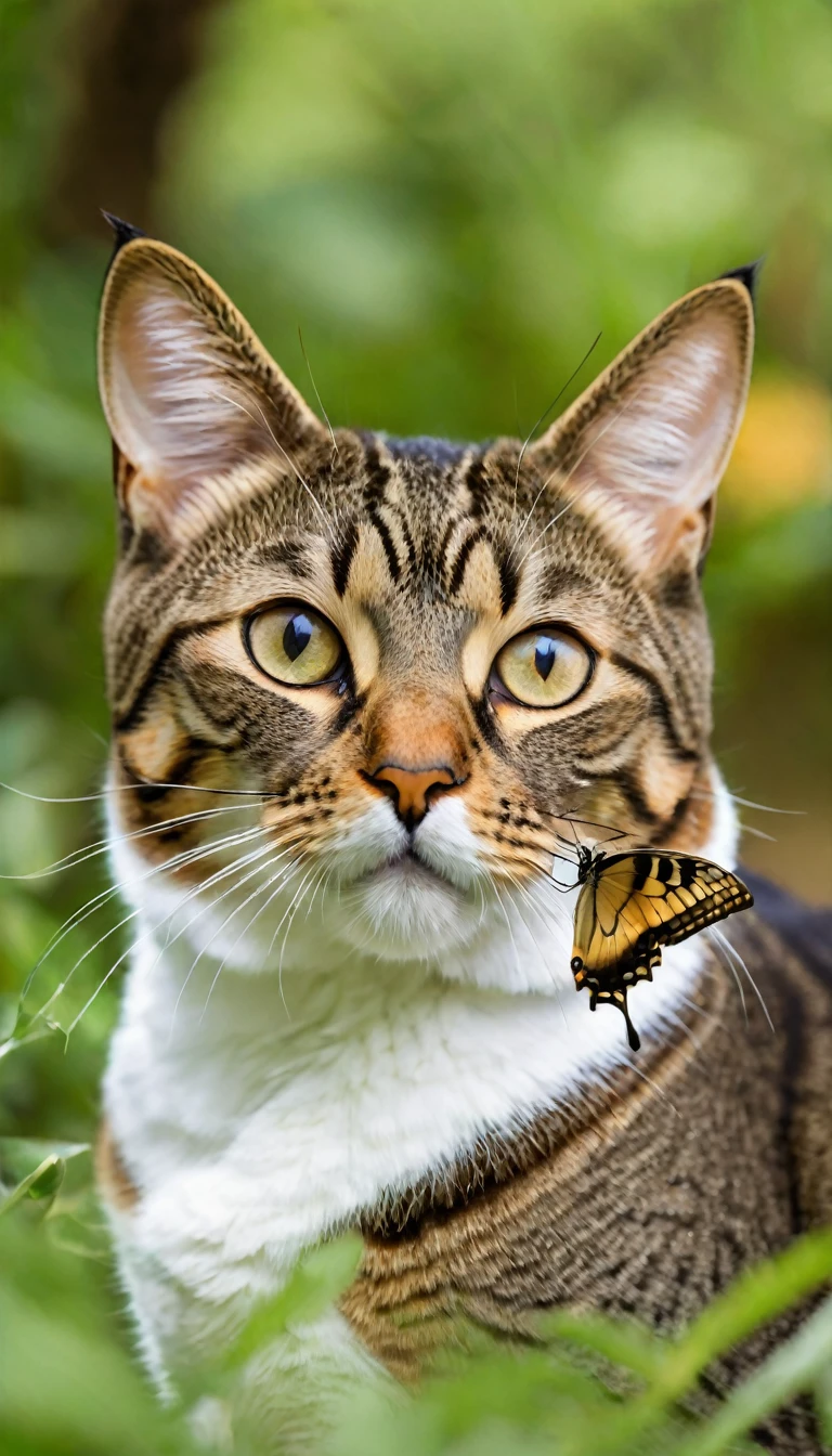 A curious cat gazes upwards, ((with a small beautiful butterfly perched delicately on the tip of its nose. The cat’s surroundings are softly blurred)), allowing the feline and its unexpected visitor to take center stage. The cat’s expression is one of gentle wonder, as it focuses its attention on the butterfly resting upon its nose,((アクアマリンの瞳))
