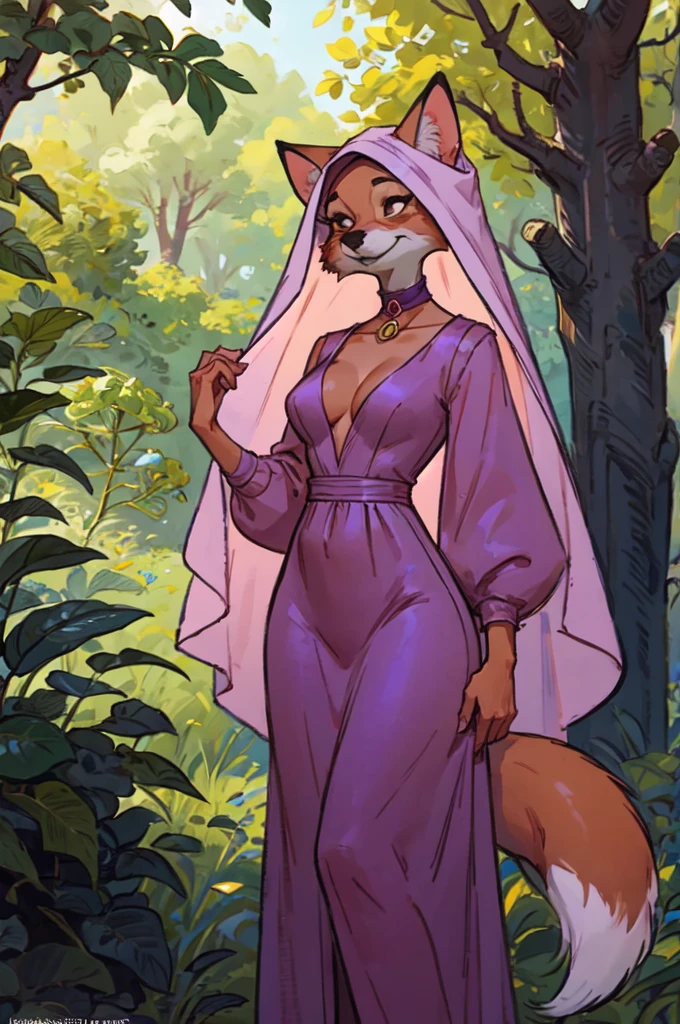 CARTOON_MaidMarian_ownwaifu, furry female fox, animal ears, black eyes, animal nose, orange fur, tail,veil,purple dress, long sleeves,choker, looking at viewer, serious, standing, outside, forest, natural lighting, high quality, masterpiece,  (satin cleavage)