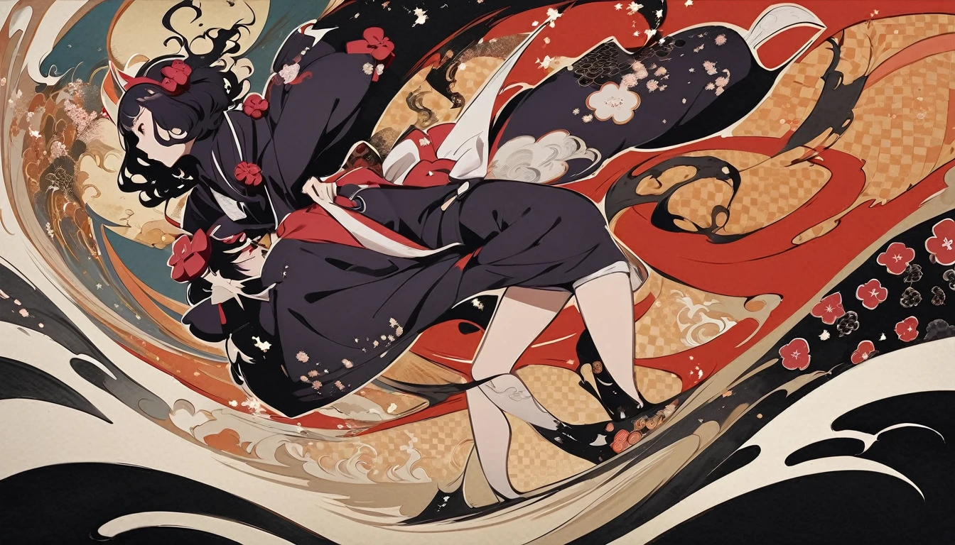 (((Katsushika Hokusai))), (((Ink Painting))), ((Japanese style headphones)), (((Girl possessed by a demon))), ((Light colored sunglasses)), (Japanese pattern hoodie, Japanese pattern shorts), (Black shiny hair, Beige skin), ((dancing)), (surreal, digital painting)