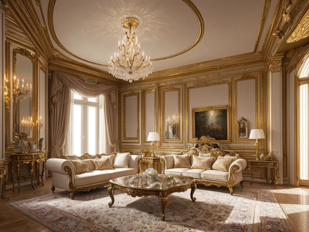 fine art palace interior with lots of furniture, luxury, intricate design, fine details, foreground, high chaos, volumetric lighting, white + beige colors, Johan Grenier style, Alyssa Monks style