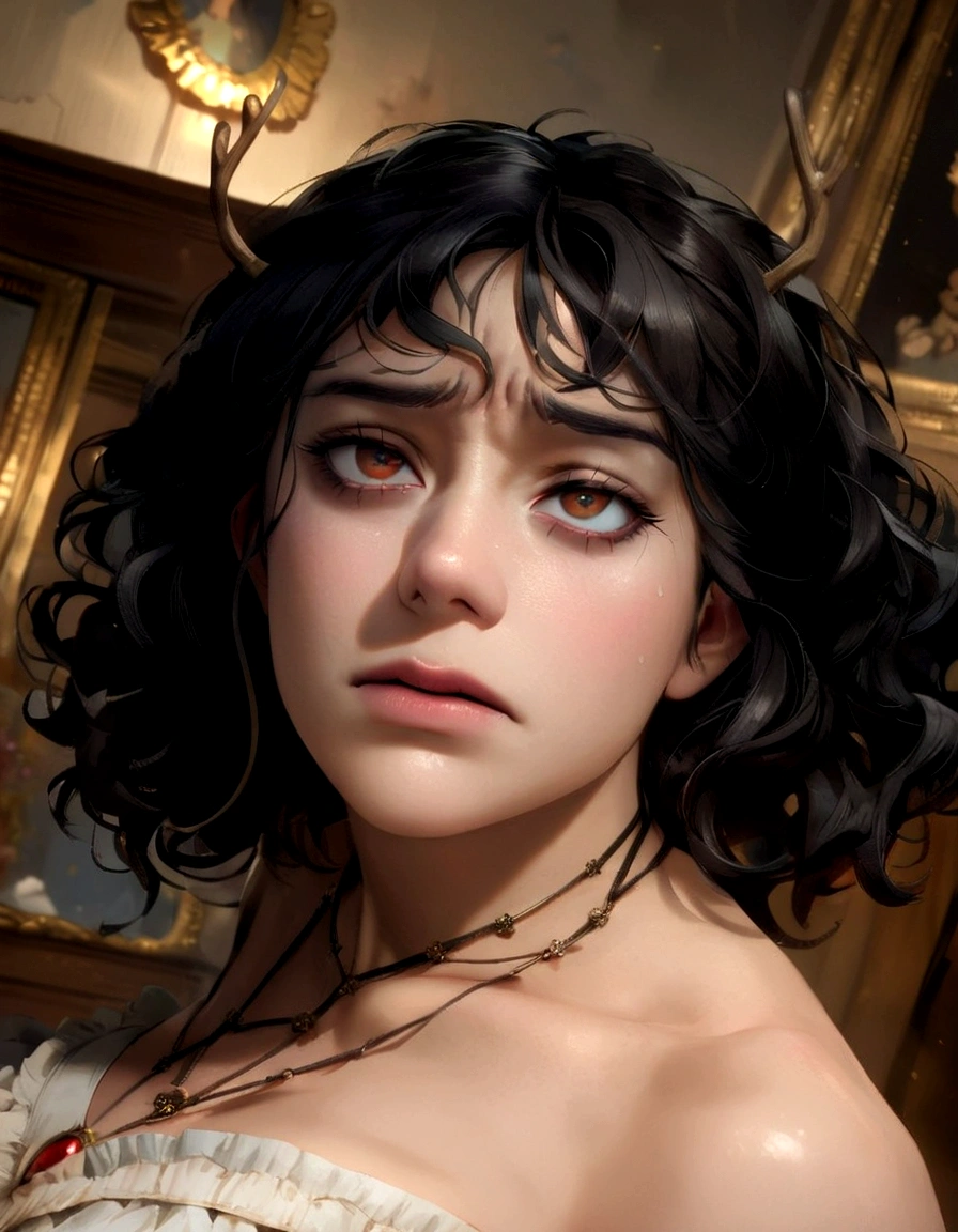 Maissa, black hair, curly hair, antlers, furrowed brow, rococo style