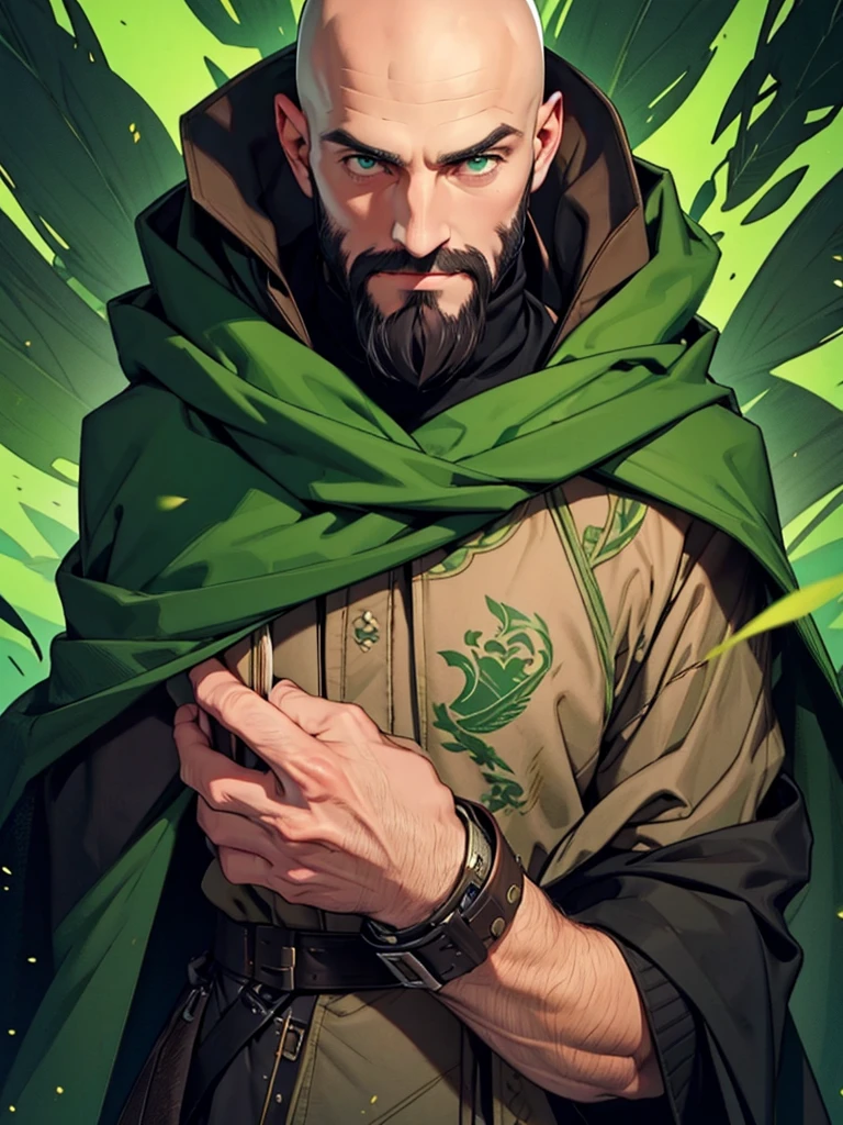 bald male, dark brown beard, green eyes. Green cloak, black sweater.