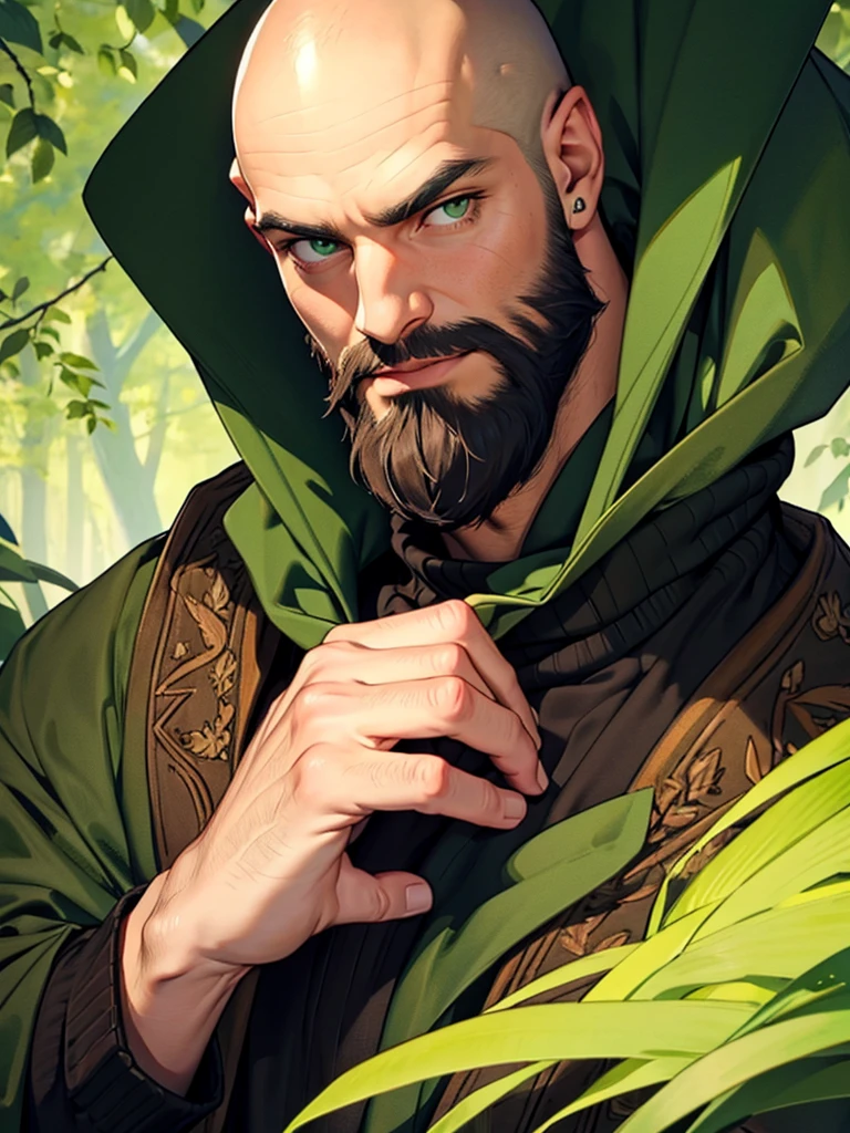 bald male, dark brown beard, green eyes. Green cloak, black sweater.