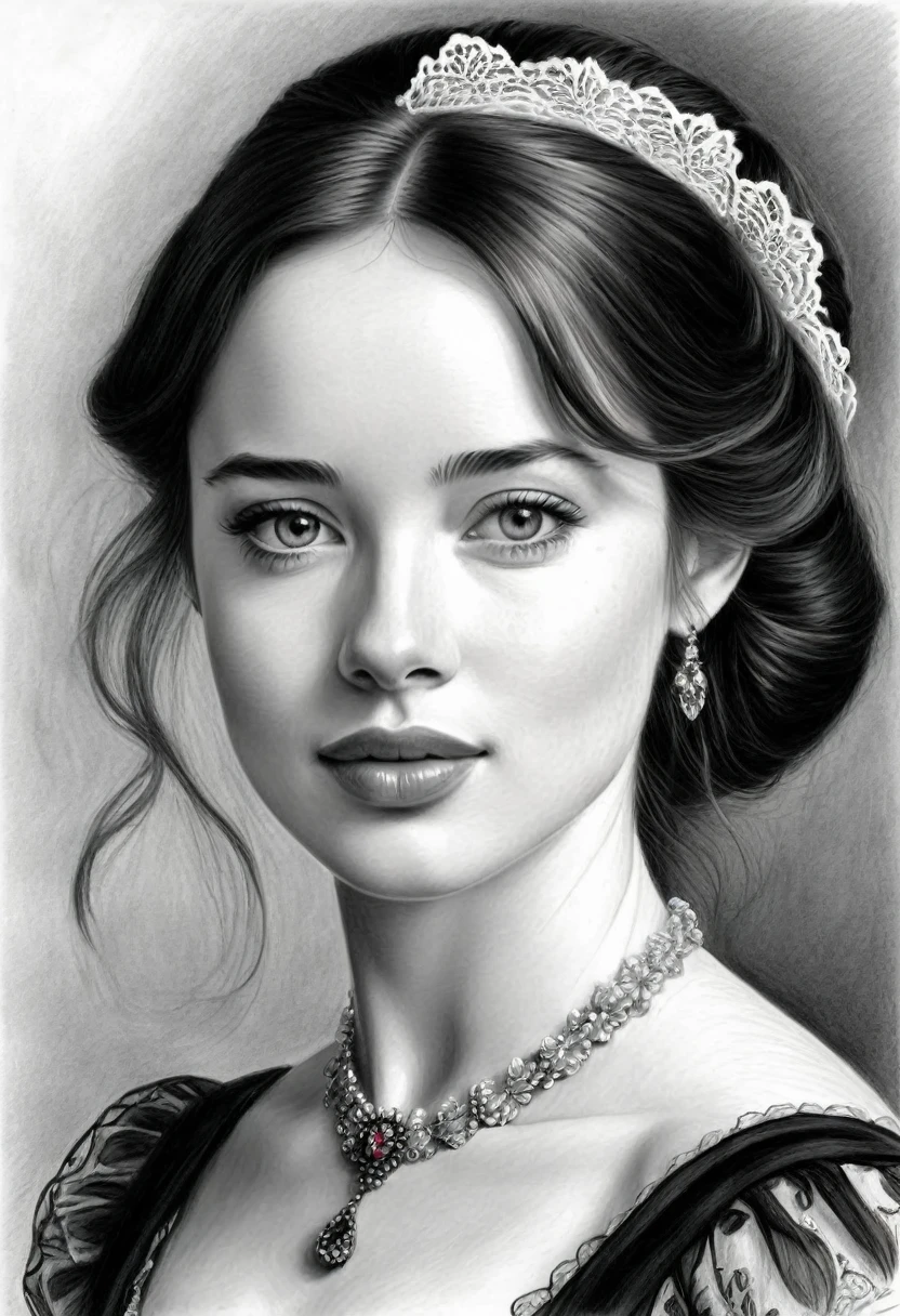 A pencil drawing of a beautiful Victorian woman who looks like Anna Popplewell