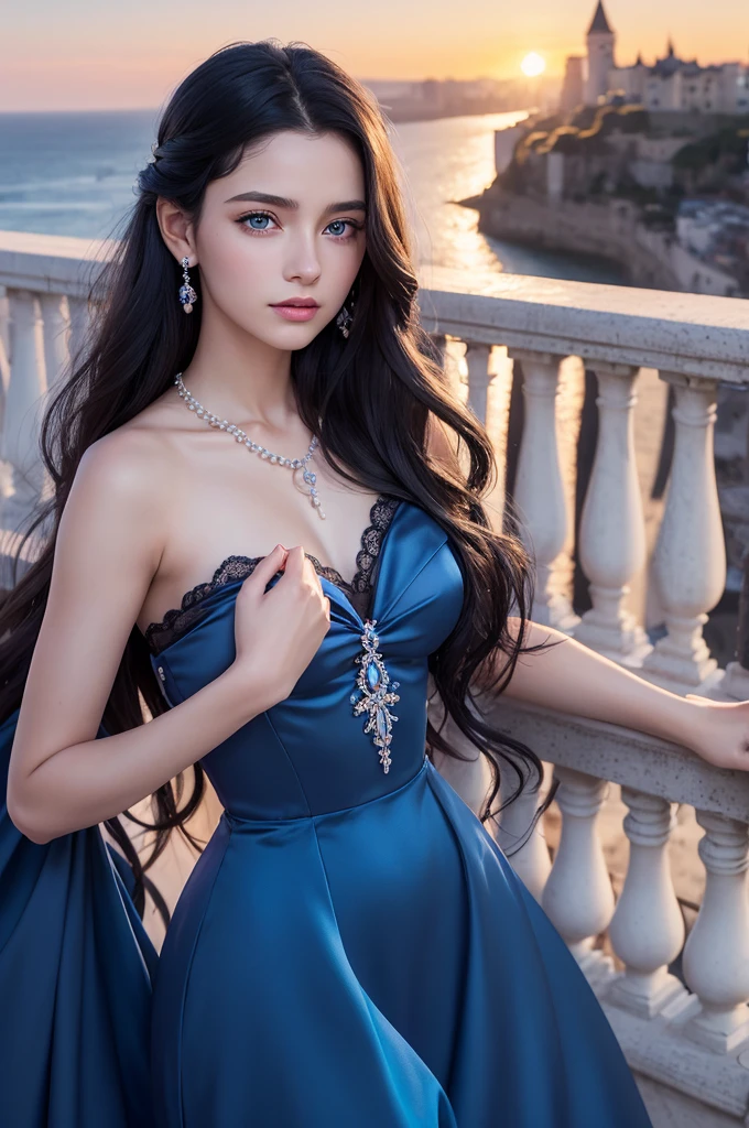 semi realism art, a woman of about , who has long, wavy black hair. She has intense blue eyes. Ela tem uma pele clara e suave. She has pink lips. She wears a long blue silk dress. She wears pearl accessories. She is on the castle balcony at sunset.