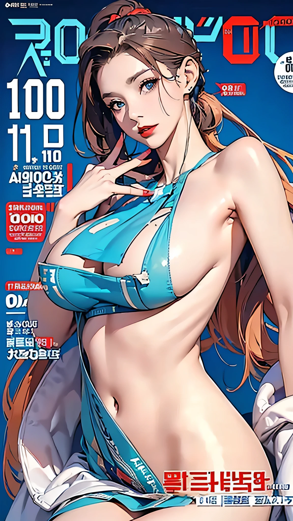 NSFW, 8K,ultra high definition,(masterpiece:1.2, best quality), (magazine cover), (많은 텍스트가 포함된 다채로운 magazine cover),fascinating, elegant, Trend, trend, radiant, head turner, dazzling, elaborate, very cool, dramatic, brave, ((swedish model)), ((Blue green헤어)))), It shows off her enhanced look perfectly... She has perfect makeup, (((((saggy big breasts,hbig breasts,Sexy))))), 그리고 is striking a sexy, erotic pose), Her body is perfectly toned, sunny beach background, (very detailed:1.2)((((100%all nude,Lots of pubic hair)))),((red lipstick)),Blue Eyes,(Very long ponytail),((((bust,bust)))),