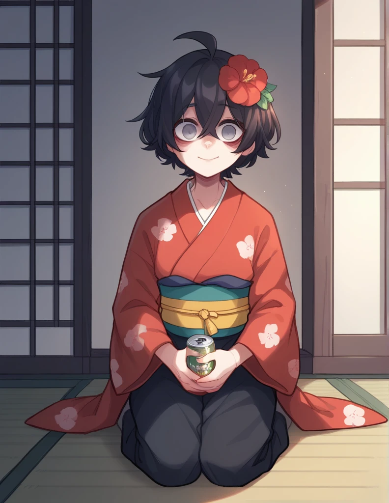 1 girl, alone, ppka, black fur, short hair, messy fur, Ahoge, parts, parts por todo el cuerpo, grey eyes, empty eyes, blind, nervous, slight smile, cute look, red kimono, flower kimono, black pants, japanese pants, pants over kimono, as well, as well, tape on the hip, list brook bun at the back of the head, list brook, can,
sitting, Sitting on knees,
wooden floor, japanese patio