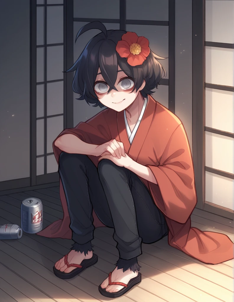 1 girl, alone, ppka, black fur, short hair, messy fur, Ahoge, parts, parts por todo el cuerpo, grey eyes, empty eyes, blind, nervous, slight smile, cute look, red kimono, flower kimono, black pants, japanese pants, pants over kimono, as well, as well, tape on the hip, list brook bun at the back of the head, list brook, can,
sitting, Sitting on knees,
wooden floor, japanese patio