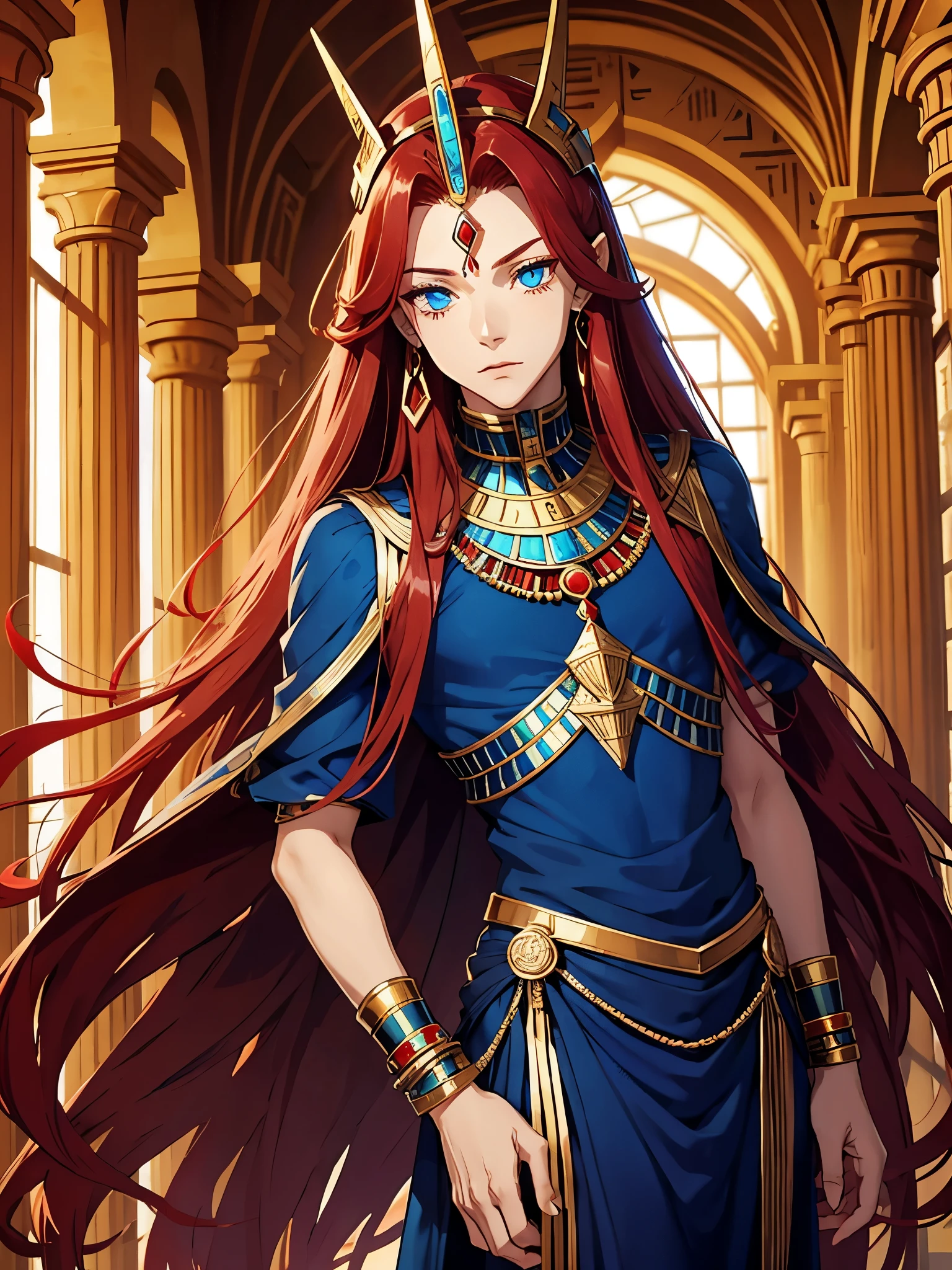 Egyptian deity Seth. long red hair, Lots of jewelry. light skin. blue eyes. Rotes Make Up. Sweet boy. boy. narrow. Elegant red dress