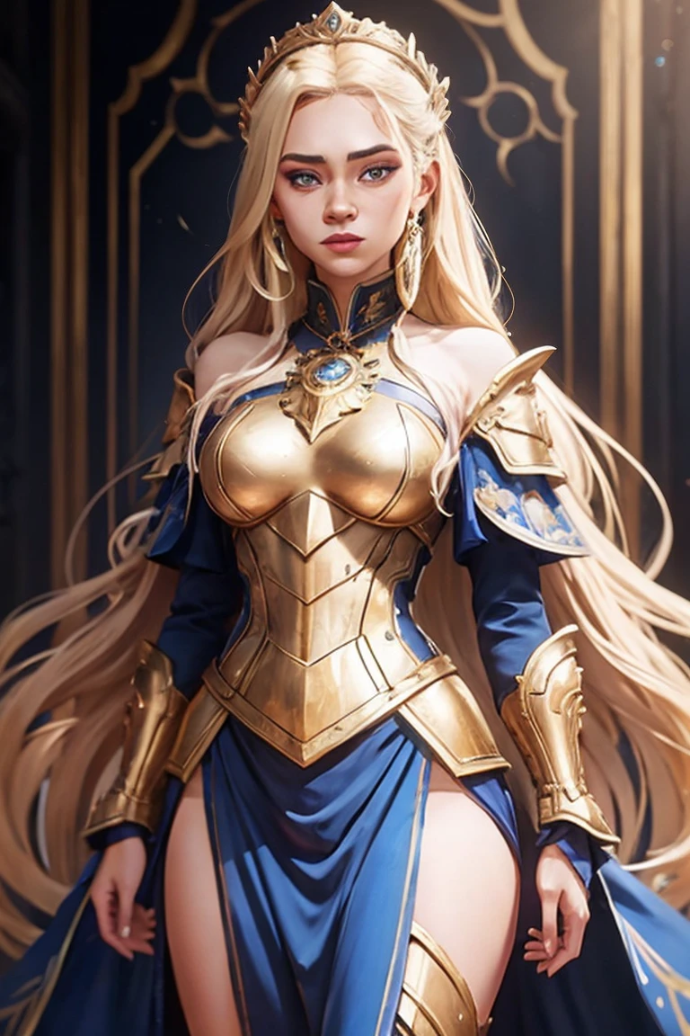 Appearance: Octávia has silky blonde hair that falls in soft waves over her shoulders... Her clear blue eyes shine with determination and intelligence. Your skin is clear and immaculate, reflecting your eternal youth. She has remarkable beauty and a posture that radiates confidence and nobility...Style Clothing: Octavia wears elegant Roman armor, custom made for her. The armor is adorned with golden details and imperial symbols, highlighting her status as the emperor's daughter and #39. She wears a red cape that flows behind her as she moves., adding a touch of elegance to your warrior look. Your shoes are robust and practical, suitable for both battle and palace.fund: no back ground, we can imagine Octávia in a grand and majestic setting. Perhaps she is in one of the halls of the imperial palace in Rome, with ancient columns and richly decorated tapestries around. A luz do sol entra pelas janelas altas, illuminating you with a soft glow that highlights your noble figure and distinctive features.