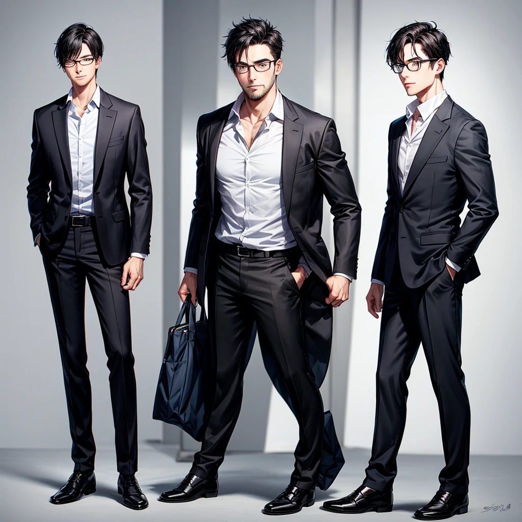 A full-body image of a cool man with glasses, black hair, and a suit, without a beard。I think it's better to have a little bangs. Make me smile.