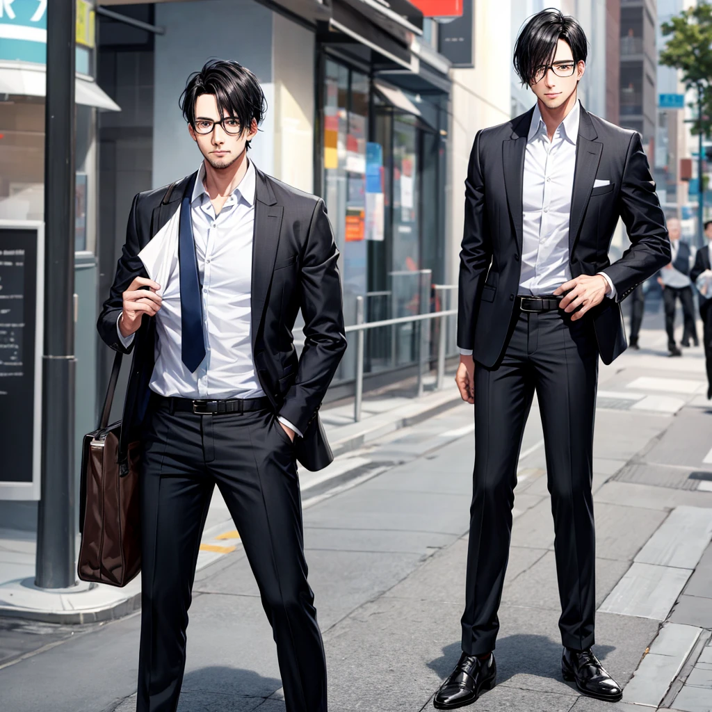 A full-body image of a cool man with glasses, black hair, and a suit, without a beard。I think it's better to have a little bangs. Make me smile.