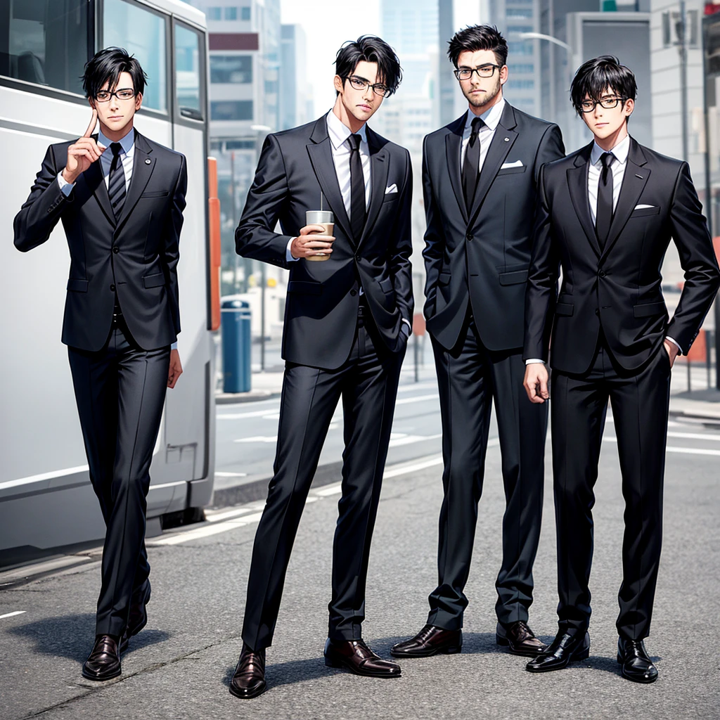 A full-body image of a cool man with glasses, black hair, and a suit, without a beard。I think it's better to have a little bangs. Make me smile.