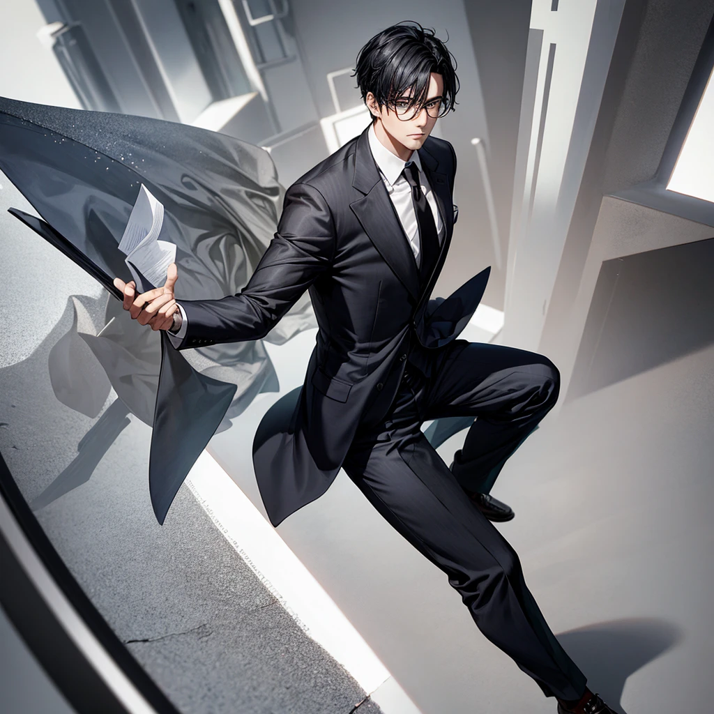 A full-body image of a cool man with glasses, black hair, and a suit, without a beard。I think it&#39;s better to have a little bangs. Make me smile.