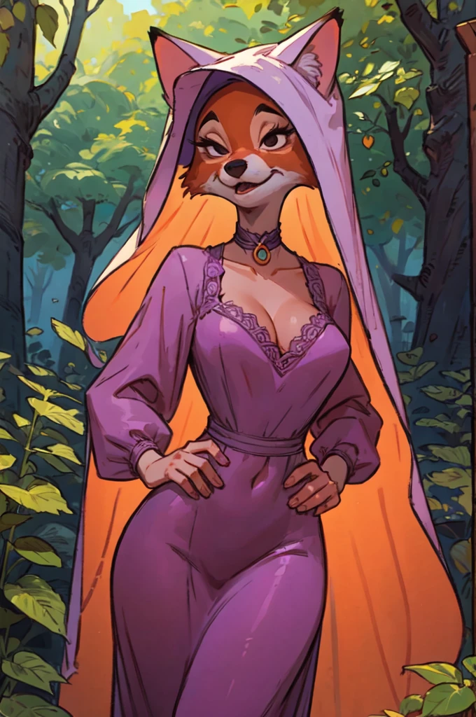 CARTOON_MaidMarian_ownwaifu, furry female fox, animal ears, black eyes, animal nose, orange fur, tail,veil,purple dress, long sleeves,choker, looking at viewer, serious, standing, outside, forest, natural lighting, high quality, masterpiece,  (satin lace cleavage), ((sexy))