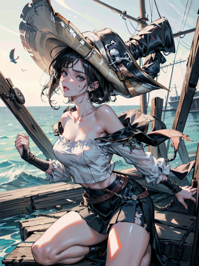 (Practical pirate clothing), Long-sleeved pirate top, Skirt, torn pirate hat, absurdres, RAW photo, extremely delicate and beautiful, masterpiece, Best Quality, ultra high resolution, 32k, hyperrealistic, ultra-detailed, detailed description, pale skin, 20 years old, tearful mole, earring, big tits, short medium hair, wavy hair, whole body shot,