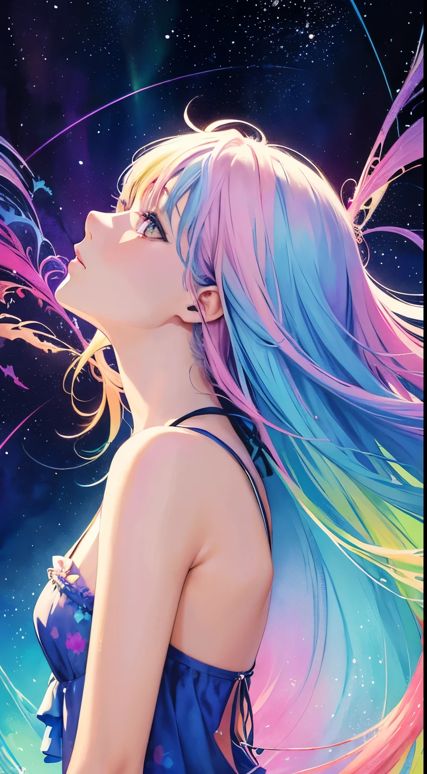 (masterpiece, top quality, best quality,watercolor (medium),official art, beautiful and aesthetic:1.2),(1girl:1.3), (fractal art:1.3), whole body, from side, looking at viewer, patterns,(rainbow color Hair,colorful hair,half blue and half pink hair:1.2),water, liquid, cloud, colorful, starry, stars, sexy