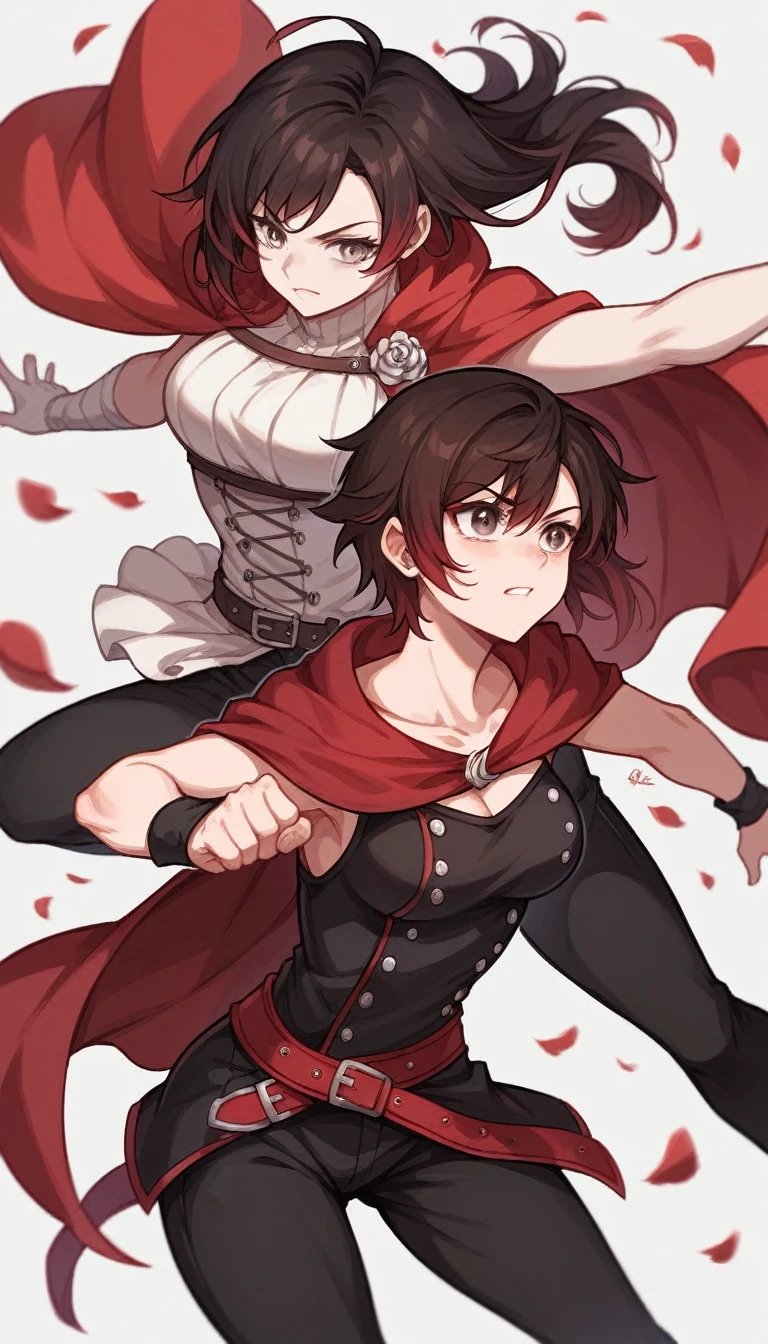 2girl, dynamic pose, (girl1: Short black hair, grey eyes, pale skin, red cape,) (girl2: Long brown hair, brown eyes, pale skin, white clothes.) Ruby rose from RWBY, simple backround, 