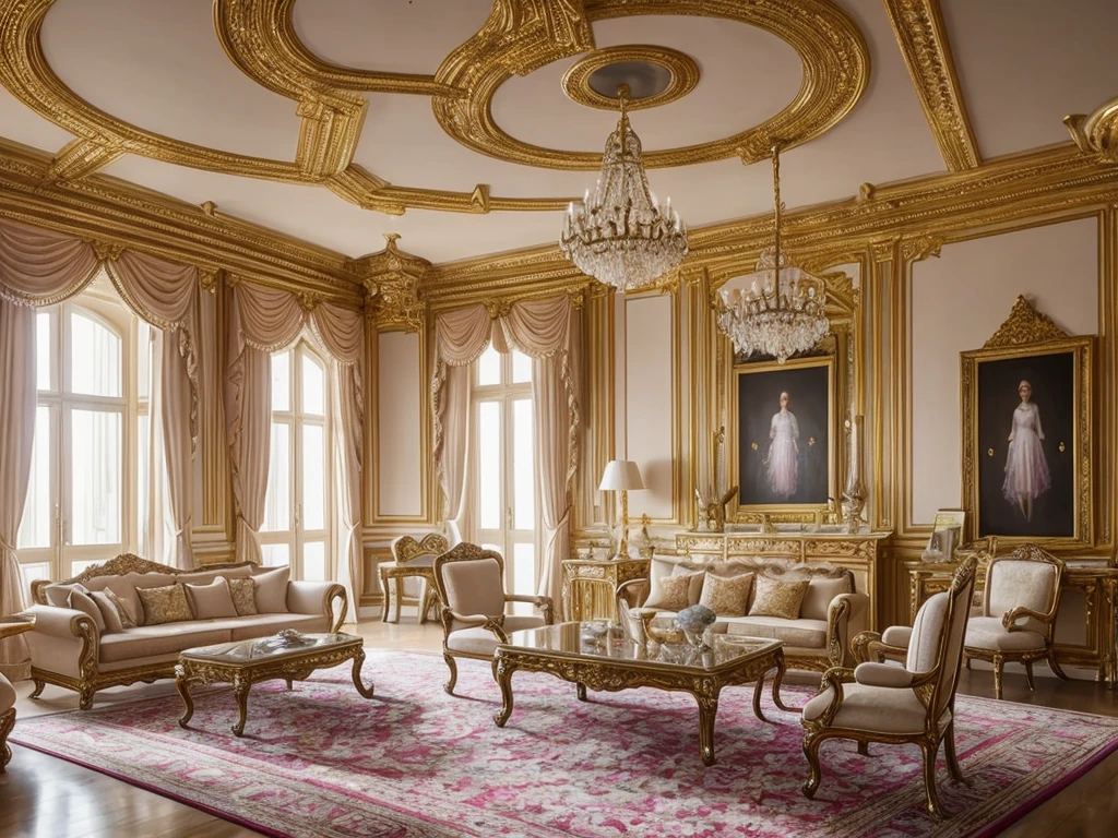 fine art palace interior with lots of furniture, luxury, intricate design, fine details, high chaos, volumetric lighting, dreamy pastel colors, Johan Grenier style, Alyssa Monks style