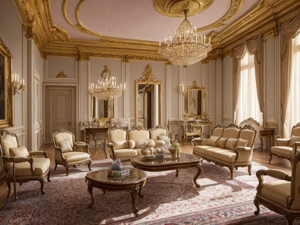 fine art palace interior with lots of furniture, luxury, intricate design, fine details, high chaos, volumetric lighting, dreamy pastel colors, Johan Grenier style, Alyssa Monks style