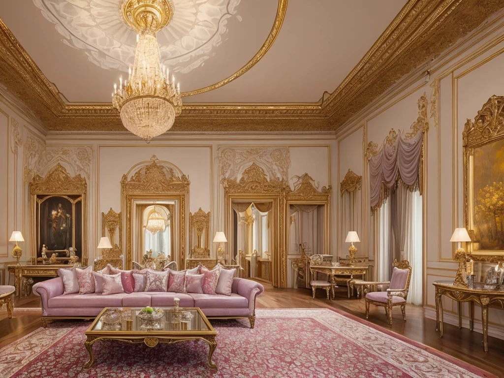 fine art palace interior with lots of furniture, luxury, intricate design, fine details, high chaos, volumetric lighting, dreamy pastel colors, Johan Grenier style, Alyssa Monks style