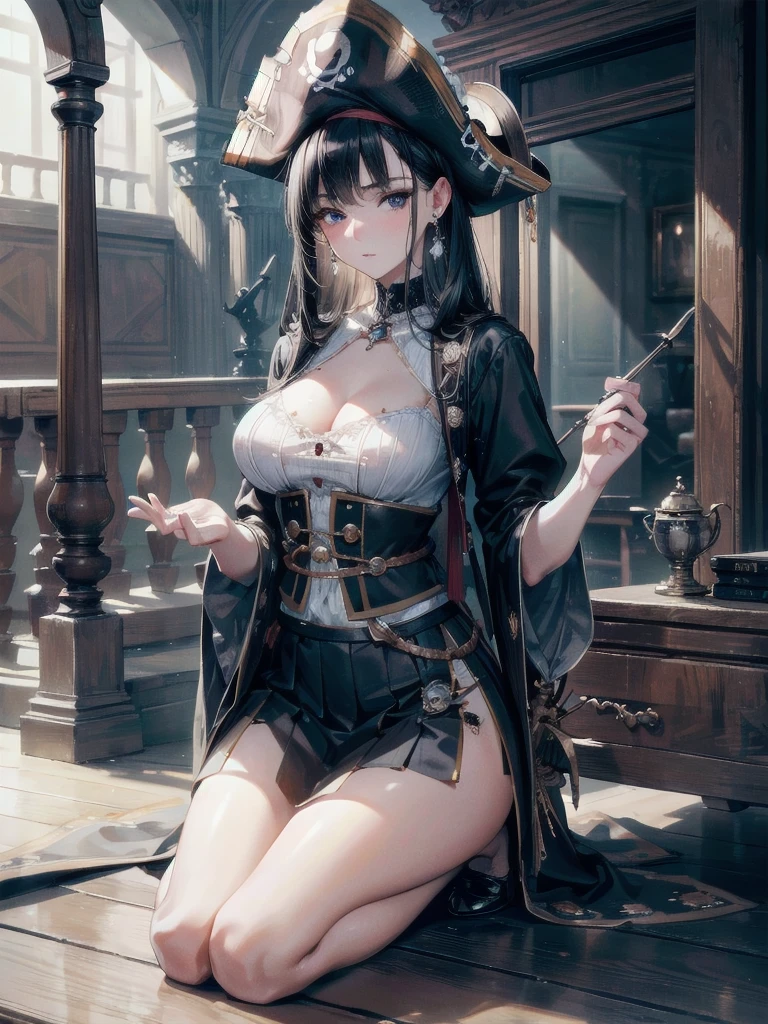 absurdres, RAW photo, extremely delicate and beautiful, masterpiece, Best Quality, ultra high resolution, 32k, hyperrealistic, ultra-detailed, delicate facial features, beautiful detailed woman, tearful mole, earring, medium breasts, full body shot, medium hair, black hair, (Practical pirate clothing), Long-sleeved pirate top, Skirt, torn pirate hat,