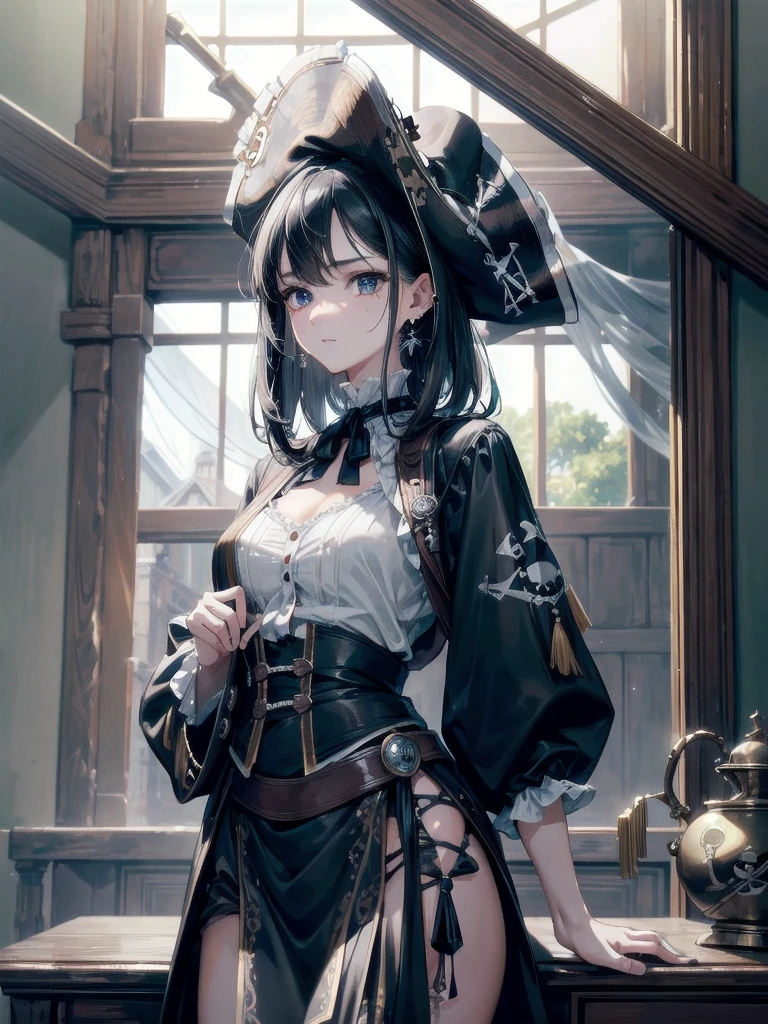 absurdres, RAW photo, extremely delicate and beautiful, masterpiece, Best Quality, ultra high resolution, 32k, hyperrealistic, ultra-detailed, delicate facial features, beautiful detailed woman, tearful mole, earring, medium breasts, full body shot, medium hair, black hair, (Practical pirate clothing), Long-sleeved pirate top, Skirt, torn pirate hat,
