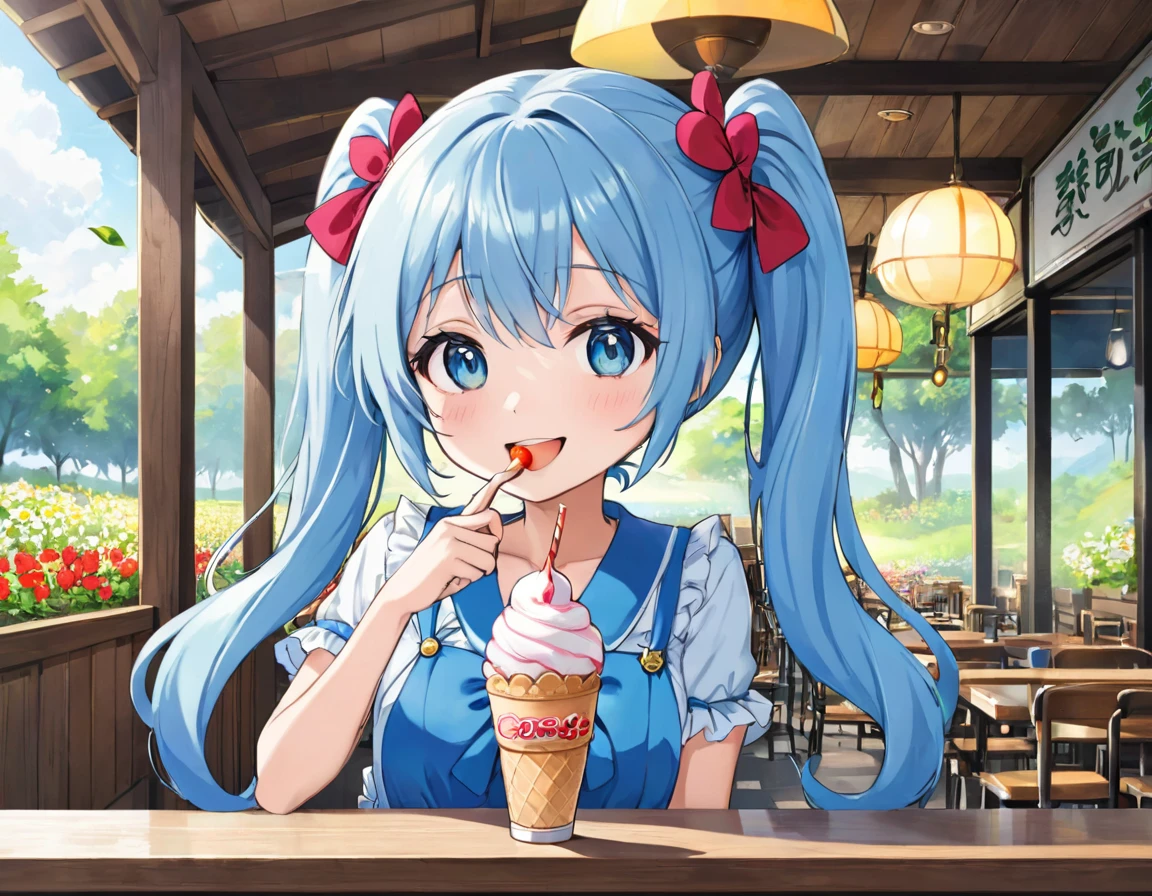 in the forest、Flower Field、Ice cream and cherry on a green drink in a cafe full of flowers、girl, Light blue long hair、Beautiful girl with twin tails、Bright smile、Melon Soda、Cute realistic portrait, かわいいgirlのアニメビジュアル, ソーダをテーマにしたgirl, かわいいアニメのgirl,With a straw, Splash art anime