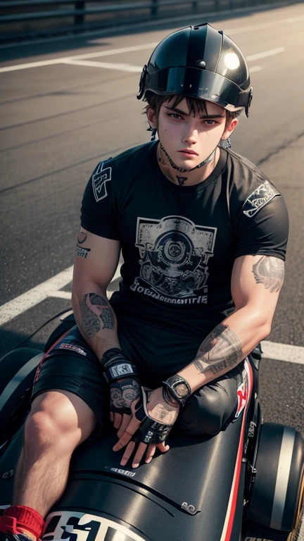 ((Best Quality)), ((Masterpiece)), (detailed), 1 boy who is a karting driver,  con ropa oversize, with tattoos on his arms, with his black helmet, a track and its karting