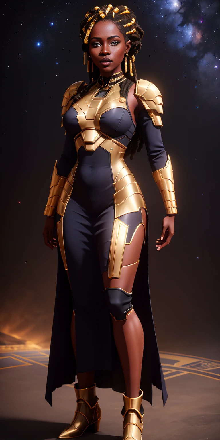 ((Full body photo, standing, feet on the ground))((realistic image of a beautiful African-American woman, dark skin color)), beautiful smile, ((looking at the night sky, standing natural pose, in front of the Millennium Falcon)), wearing mandallor armor, long mega hair hair, dreadlocks, ((kanekalon)), camera view against plongée, golden ratio, dark background lighting, close-up, detailed facial details, perfect face, sharpness, trend art,  Sharp facial details, ultra high quality, line art, high fantasy, exquisite, 4k, soft lighting 8k, dreamy --iso 100
