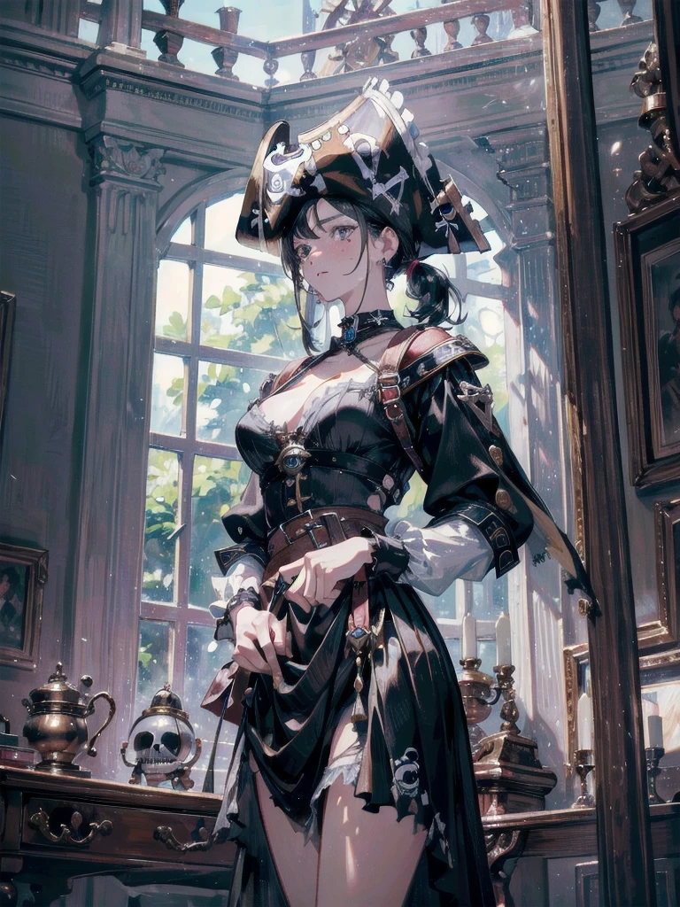 absurdres, RAW photo, extremely delicate and beautiful, masterpiece, Best Quality, ultra high resolution, 32k, hyperrealistic, ultra-detailed, delicate facial features, beautiful detailed woman, tearful mole, earring, medium breasts, full body shot, medium hair, black hair, (Practical pirate clothing), Long-sleeved pirate top, Skirt, torn pirate hat,