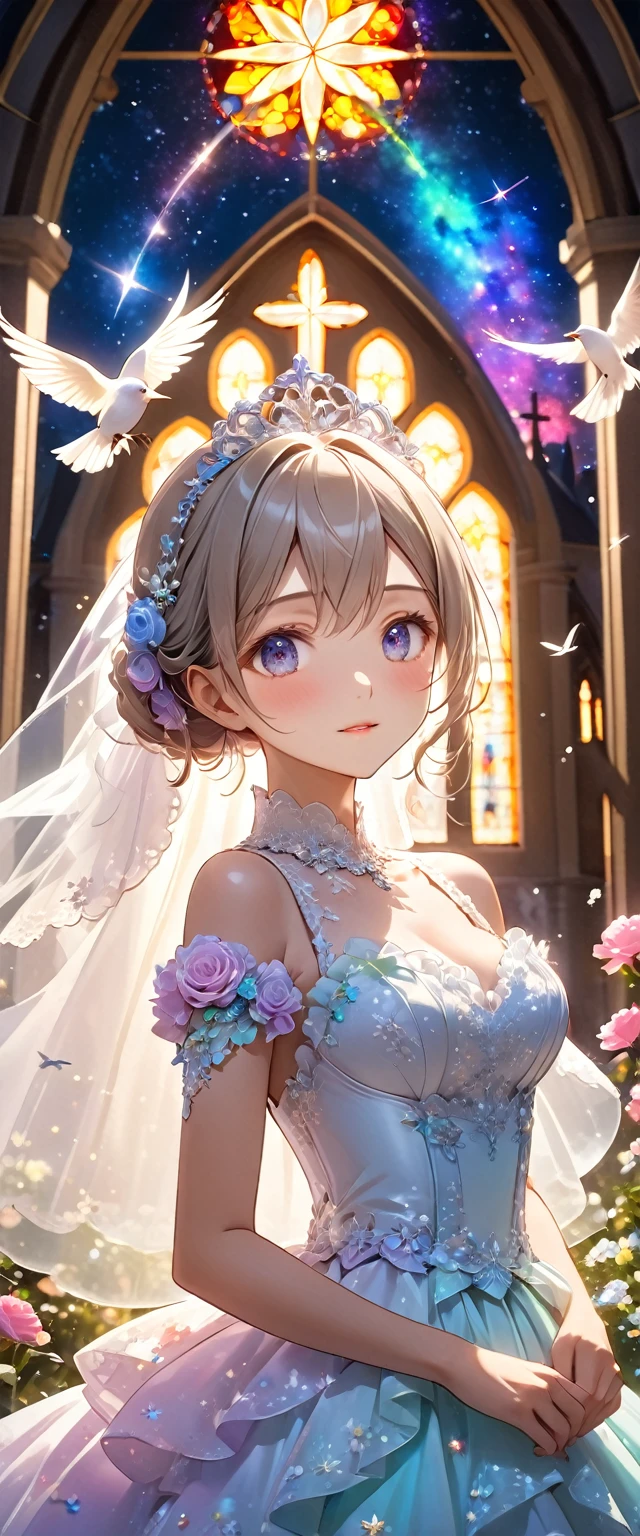 Highest quality, Highest quality, 16K, Unbelievably absurd, Very detailed, 2.5D, delicate and dynamic, church, Brightly colored stained glass, Small faint lights and flying fireflies, night, Starry Sky, milky way, nebula, shooting star, Flowers, bird, Wind and Moon, Very delicate facial expressions, Delicate eye depiction, Upper body close-up, erotic, Only sexy women, Healthy body shape, 22-year-old woman, bride, Height: 170cm, Large, firm, swaying bust, Colorful Tiaras, Long wedding dress with complex structure, Colorful long wedding dresses, See-through long ruffle wedding dress, Extra long cape from head