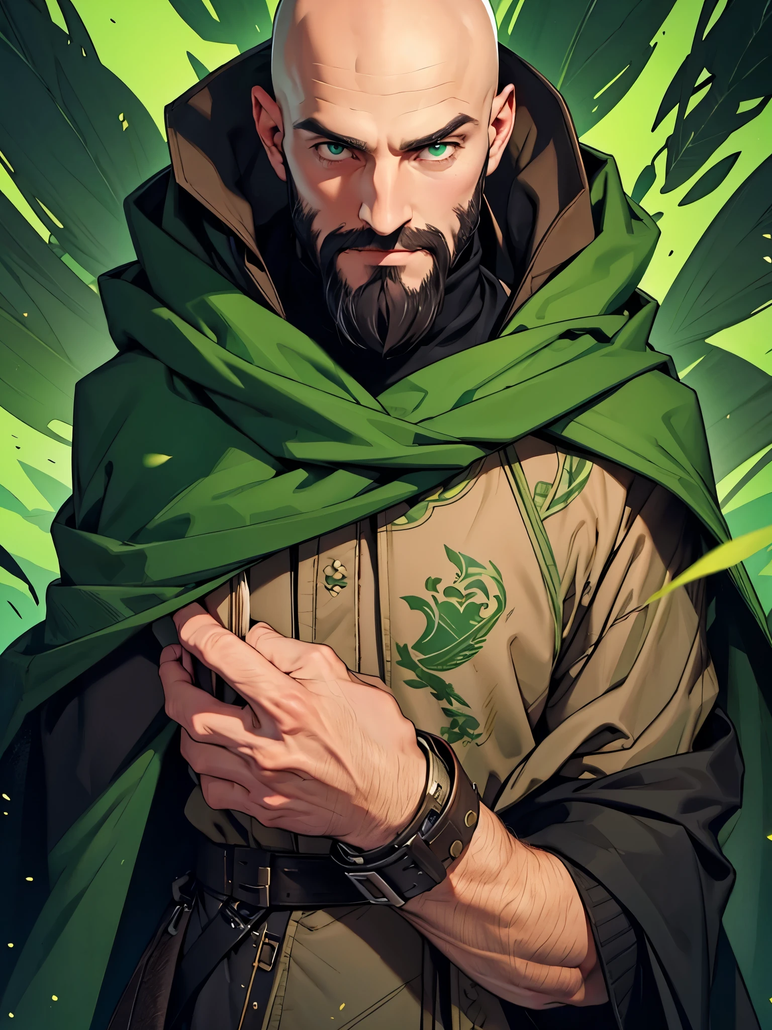 bald male, dark brown beard, green eyes. Green cloak, black sweater.