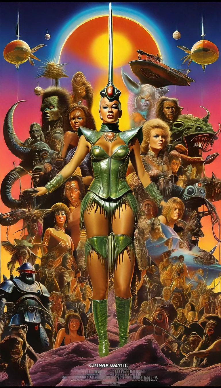 a movie poster for slave girls from beyond infinity, inspired by Clyde Caldwell, afrofuturism, stalenhag, metal album cover, gwar, heavy metal band promo, wayne barlowe pierre pellegrini, retro sci fi, movie poster with no text, movie poster promo, ultra detailed, complex, sharp focus, object texture, studio photo, intricate details, highly detailed, Real Photo style, hyper-realistic, high dynamic range, rich colors, realistic textures, 8K uhd, high color depth, Nikon D 850, Kodak 400 port, fujifilm XT, (cinematic film:3.1)