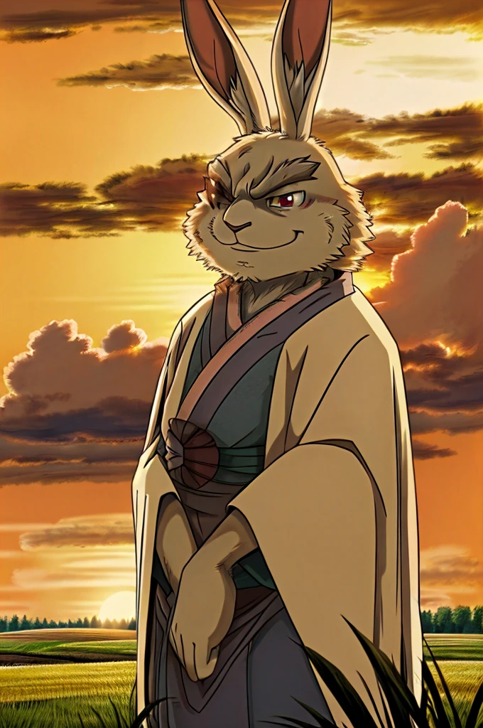 Vysache, furry, 1boy, rabbit boy, rabbit ears, animal nose, one-eyed, red eyes, white fur, fat, (black kimono), beads, pink coat, fur trim, smirk, outdoors, plains, rice paddy, rice field, sunset, clouds, upper body, ghibli style