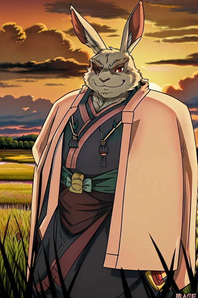 Vysache, furry, 1boy, rabbit boy, rabbit ears, animal nose, one-eyed, red eyes, white fur, fat, (black kimono), beads, pink coat, fur trim, smirk, outdoors, plains, rice paddy, rice field, sunset, clouds, upper body, ghibli style