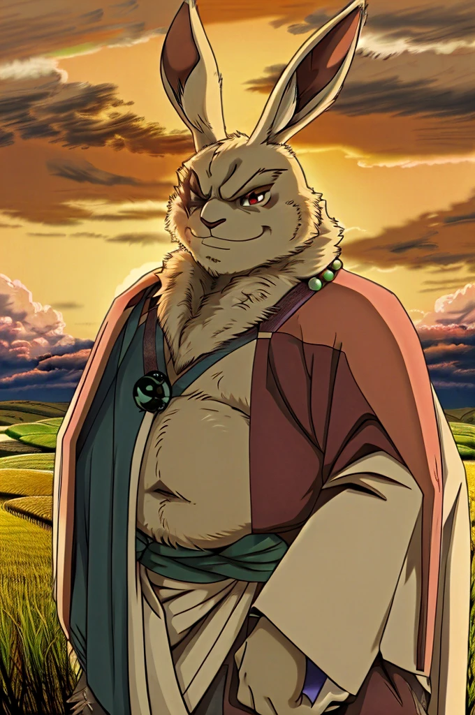 Vysache, furry, 1boy, rabbit boy, rabbit ears, animal nose, one-eyed, red eyes, white fur, fat, (black kimono), beads, pink coat, fur trim, smirk, outdoors, plains, rice paddy, rice field, sunset, clouds, upper body, ghibli style