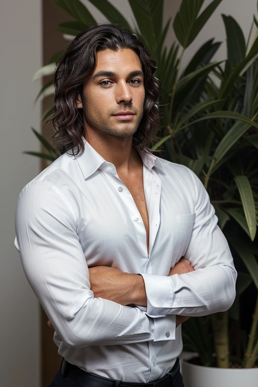 Handsome Man 36, lean muscular body, tan skin olive, his eyes are blue, 1.90m, his hair is dark brown with natural waves that flow down his shoulders, a little stubble unshaved, wearing a black suit, white shirt, digital AI
