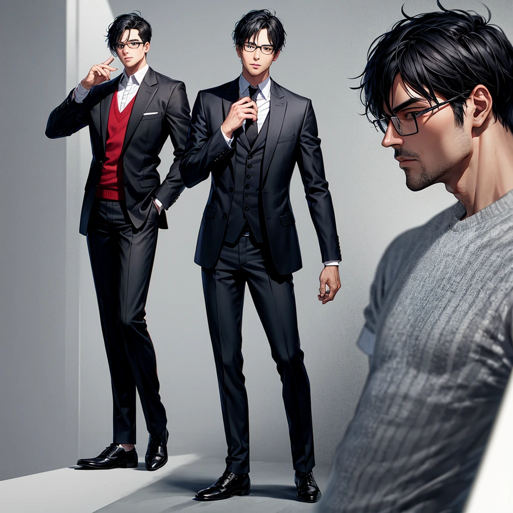 A full-body image of a cool man with glasses, black hair, and a suit, without a beard。I think it's better to have a little bangs. Make me smile.