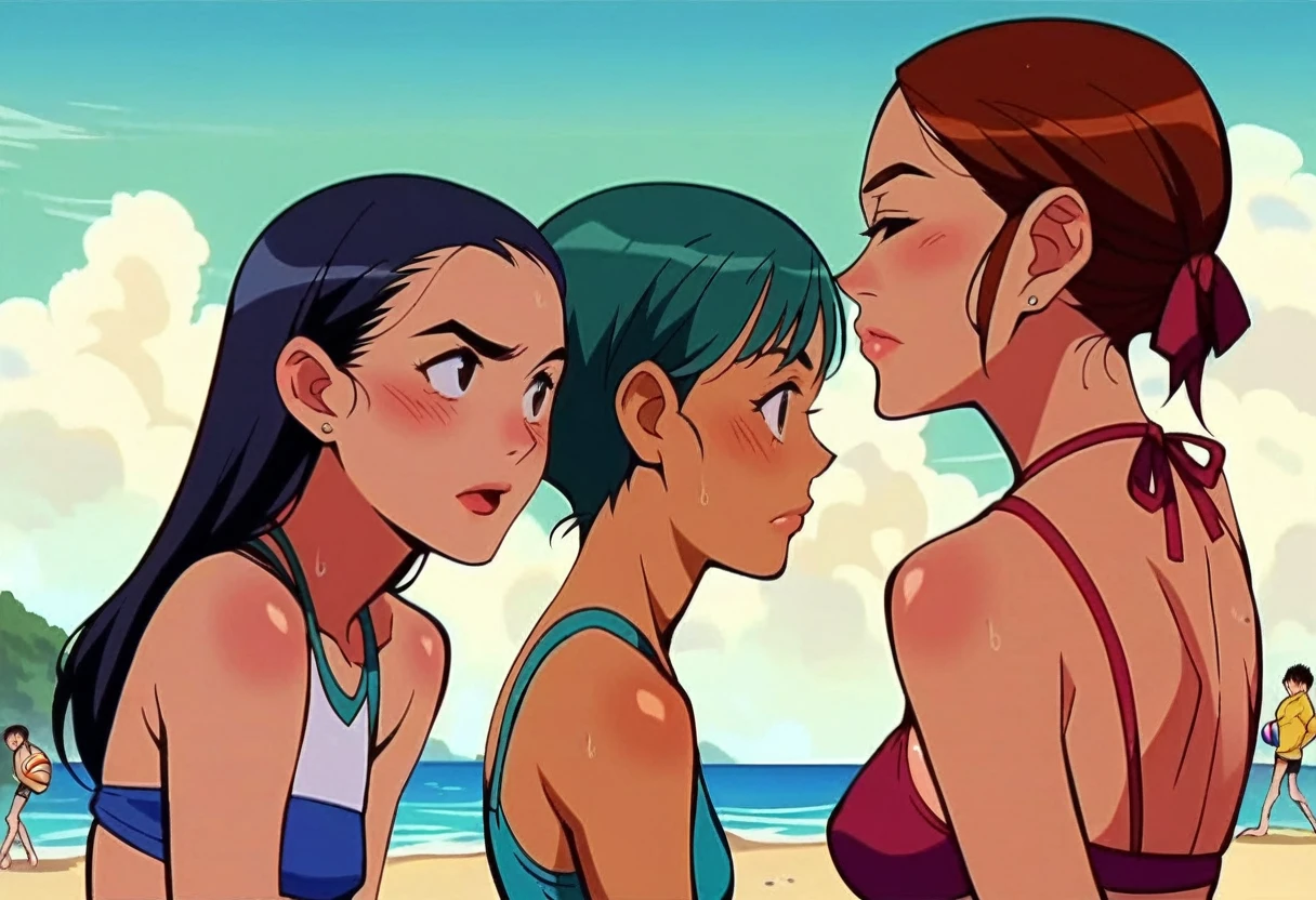 score_9, score_8_up, score_7_up, score_6_up, BREAK source_anime, A group of girls playing volleyball on the beach, girls in bikini, anime screencap, side view, the background is a beach during the day