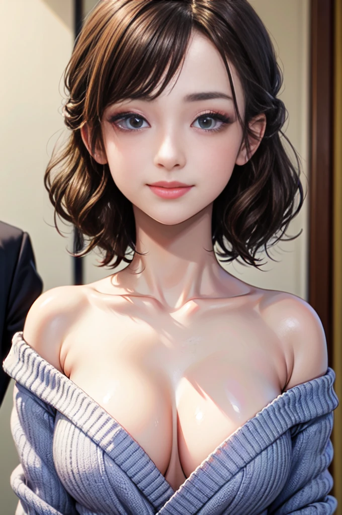 (masterpiece:1.3), (8K, Photorealsitic, Raw photography, Top image quality: 1.4), Japan high school girls、(Random hairstyles:1.2)、cleavage of the breast:1.2、Super Detail Face、Eye of Detail、double eyelid、Bring your chest together、sharp focus:1.2、prety woman:1.4、light brown hair、top-quality、masterpiece、超A high resolution、(Photorealsitic:1.4)、Highly detailed and professional lighting smile、Loose and light knitwear、Shoulder out、slender、serious facial expression、short-haired、Fatal position