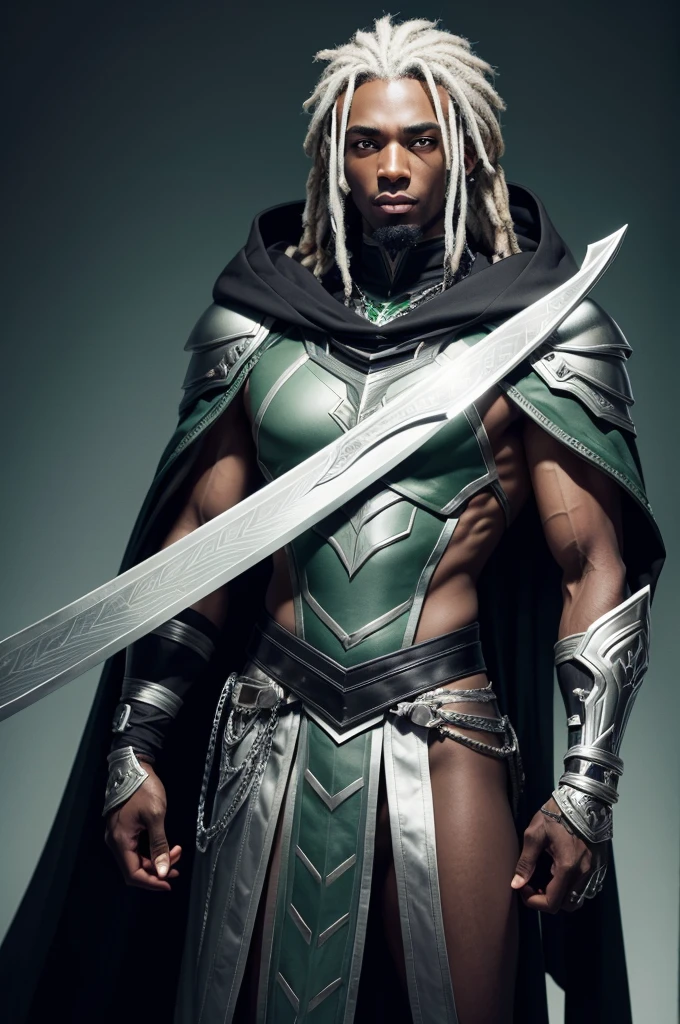 A dark elf rogue (male, pitch black skin, violet eyes, platinum hair, lean and muscular, wielding daggers, sexy leather armor, spider motif) is striking combat poses, deep magical dungeon