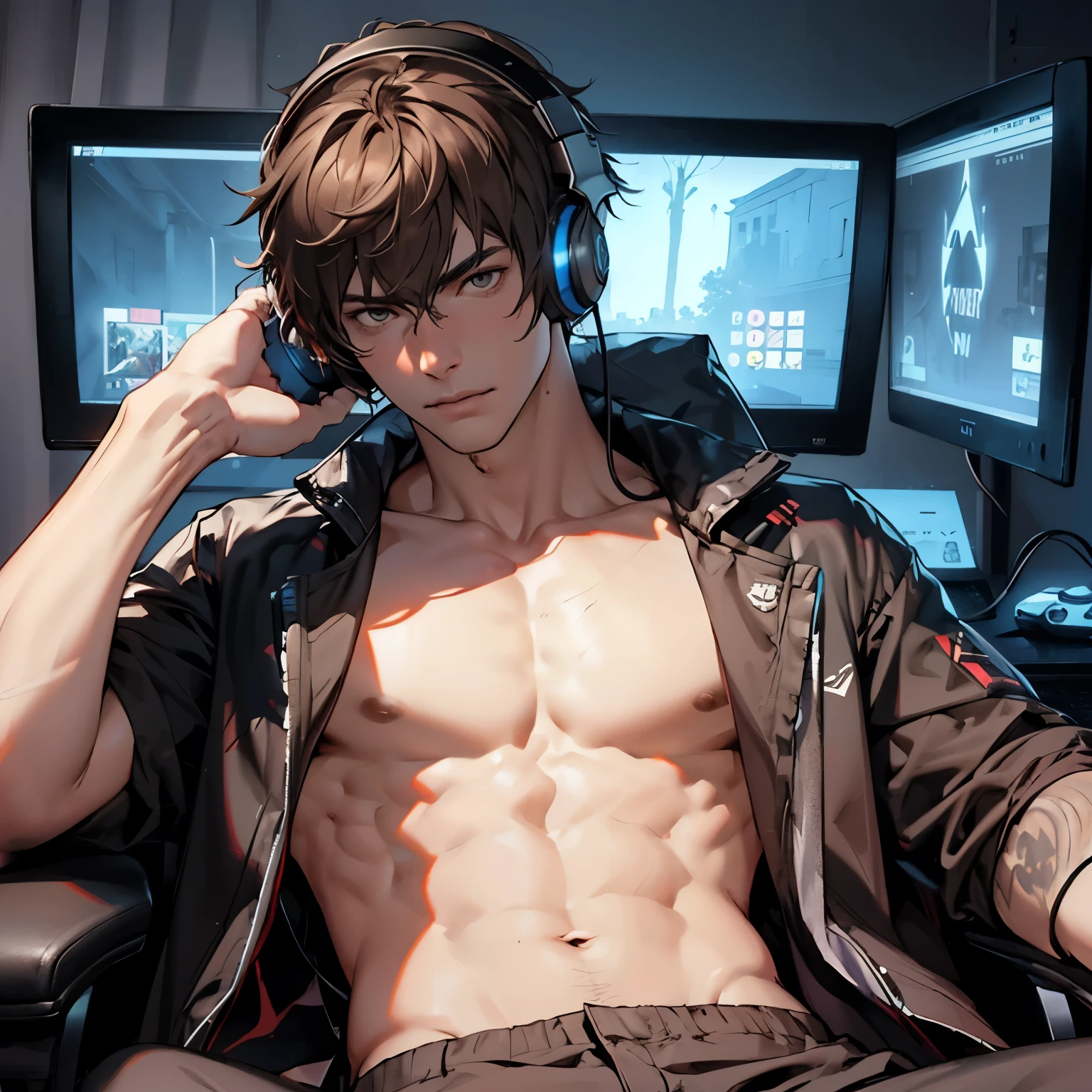 1 guy, open shirt, gaming chair, video games, dark room, RGB light, headphones, toned male, nice hands, perfect hands. facing toward computer, dark hair, semi-realism, masculine ((Strong men&#39;s:1.3)),((black hair:1.3)),(Shiny marble eyes:1.45),(NSFW:1.15),((very short hair:1.2)),(A lustrous, soft face:1.4),((blush、Mischievous Smile、Excited face:1.2)),((head down:1.3)),((Short sleeve:1.3)),(black、yellow、white、pink),((beautiful image:1.2)),((high Quality:1.2)),((perfect pixiv:1.2)),upper body