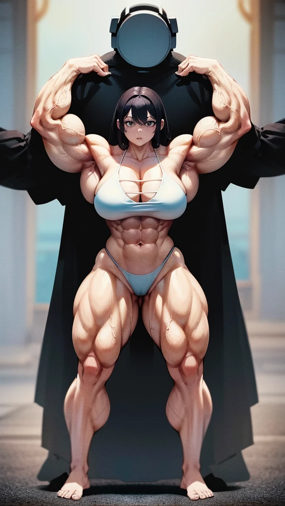 Woman in black bikini and small man in white shirt, weak and small man, thin and small physique, Very beauthful. , ,weak and defenseless man, small physique, , muscular ultraviolent woman, muscular and scary, absurdly huge physique, big muscles, extremely muscular woman, lifting on the pe, raising the leg , leg up, ((leg raised in kick)),
