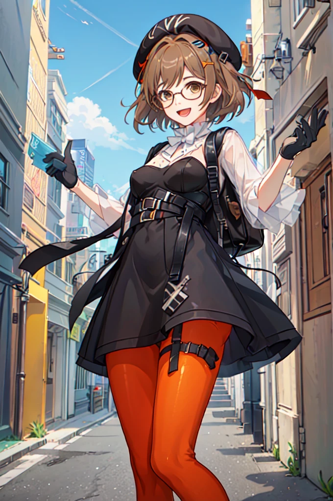 ((nsfw)),looking at viewer, 1girl, solo, gloves, pantyhose, glasses, hat, brown hair, brown eyes, beret, smile, dress, open mouth, hair ornament, short hair, blue sky, sunshine,clound,modern, city,wet panty,