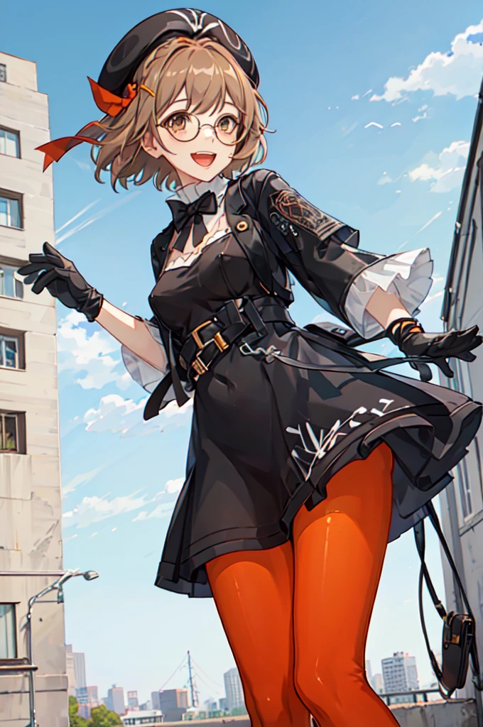 ((nsfw)),looking at viewer, 1girl, solo, gloves, pantyhose, glasses, hat, brown hair, brown eyes, beret, smile, dress, open mouth, hair ornament, short hair, blue sky, sunshine,clound,modern, city,wet panty,
