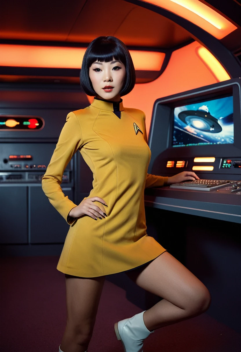 provocative, sexy, very sexy, flirtatious, arousing, revealing, sensuous, teasing ((wearing star trek original series 70s once piece mini dress bridge crew uniform)) (asian-european, half-asian crew member with bob haircut and slim figure) ((in the style of a retro-futuristic, retro-scifi film set) ((in the style of a 70s erotic movie, soft focus, cinematic, pulp, porn, retro porn, 1970s film) ((ultra realistic, detailed and dynamic)) (nikon d850 film 4 kodak portra 400 camera f1.6 lens, rich colors, hyper realistic, lifelike texture, dramatic lighting, cinestill 800 tungsten, (RAW photo, nikon, 8k, Super detailed, advanced details, intricate details, Super detailed), (award winning photo, masterpiece), (photo-realistic) ((anatomically correct, High precision human body, highly detailed face, realistic skin)) Lighting: Face lighting, Ray tracing, reflective light, Structurally correct)